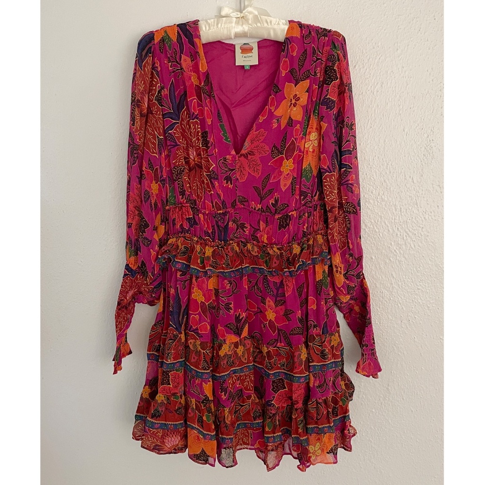 Farm Rio Dress Tropical Tapestry Long-Sleeve Tiered Mini Boho Small - Picture 2 of 13